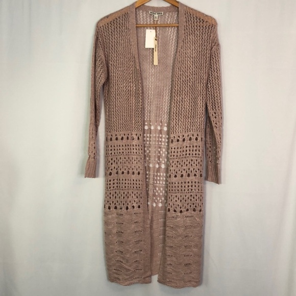 Moral Fiber Crochet Knit Open Front Cardigan Bohemian Size L Mauve Lightweight - Picture 1 of 12